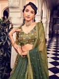 Magnetic Olive Green Digital Printed Silk Reception Wear Lehenga Choli - Zeel Clothing