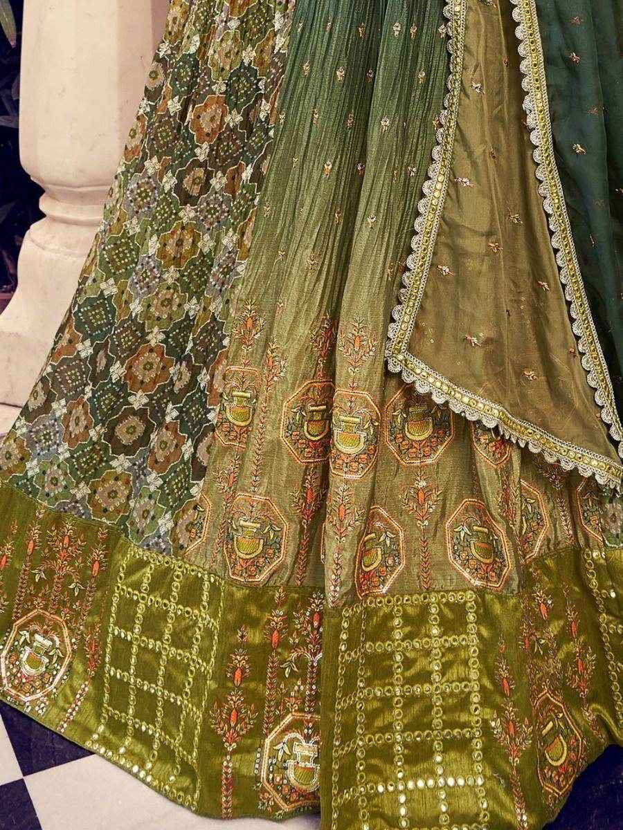 Magnetic Olive Green Digital Printed Silk Reception Wear Lehenga Choli - Zeel Clothing