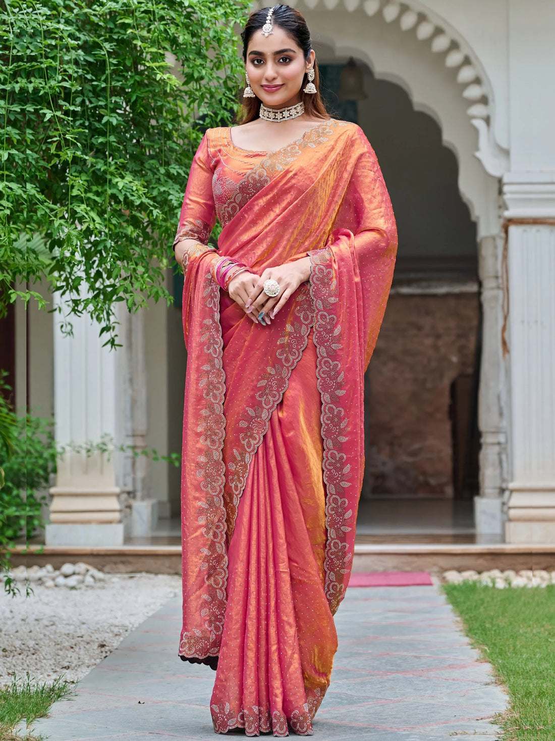 Magnetic Orange Diamond Work Silk Festive Wear Saree With Blouse - Zeel Clothing