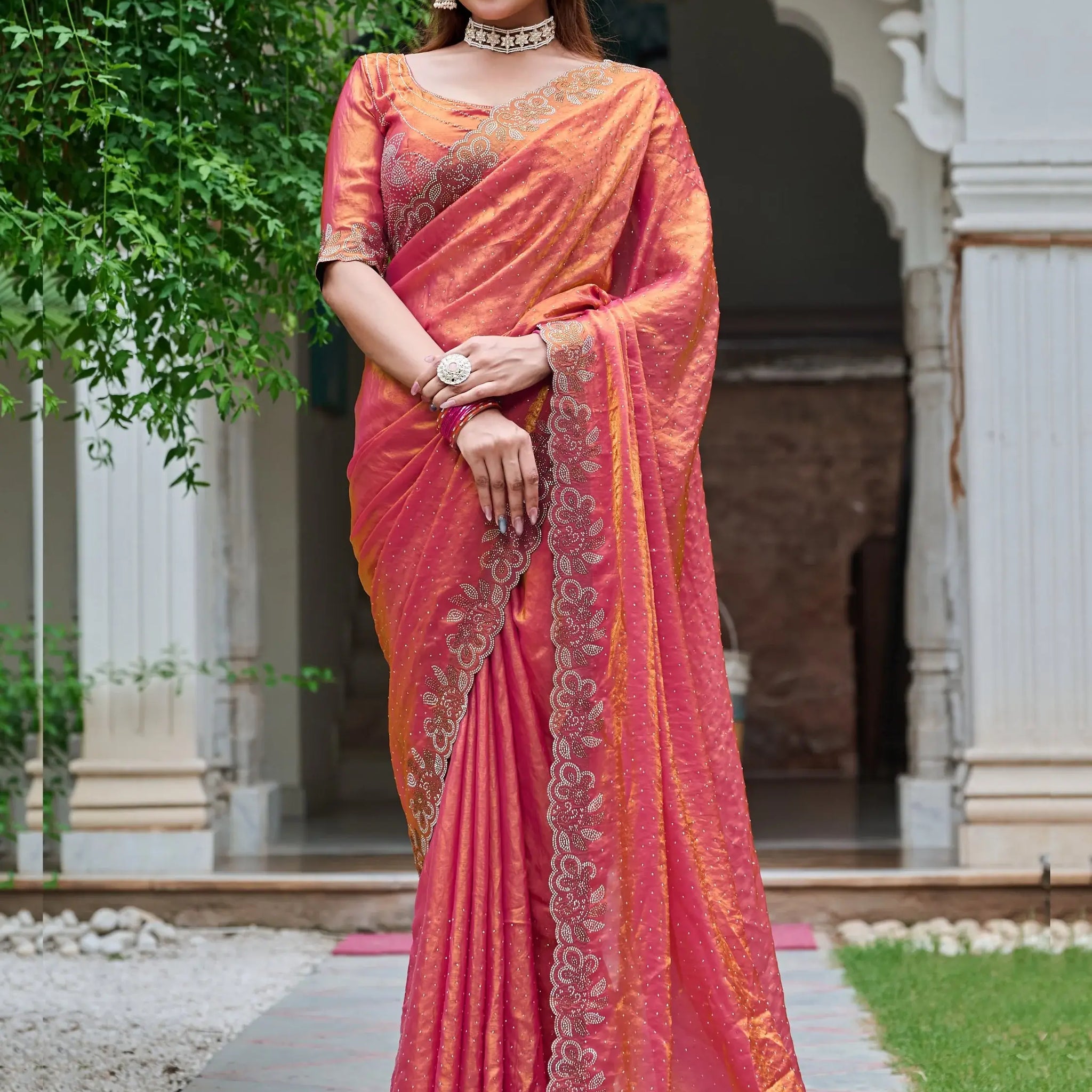 Magnetic Orange Diamond Work Silk Festive Wear Saree With Blouse - Zeel Clothing