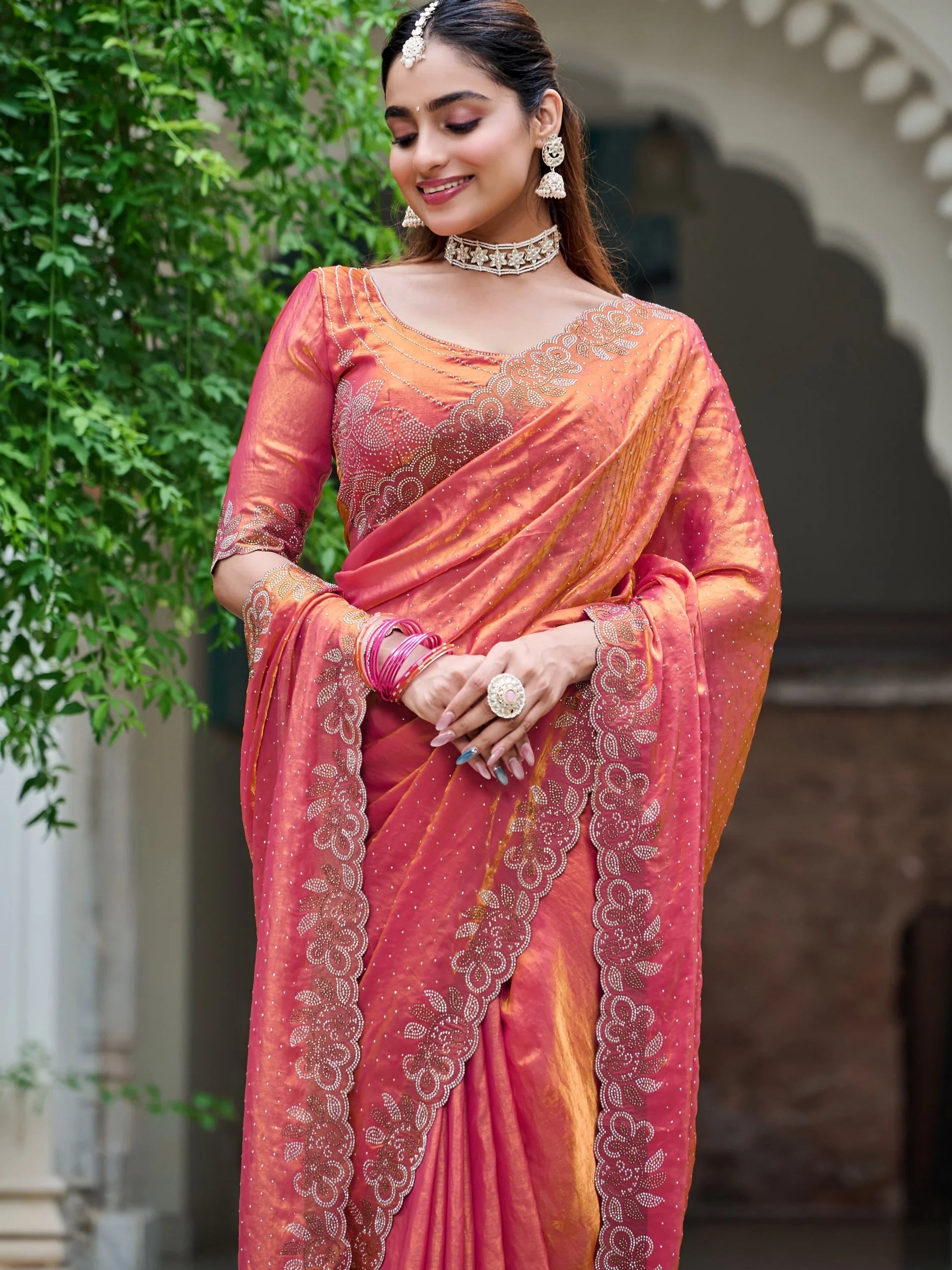 Magnetic Orange Diamond Work Silk Festive Wear Saree With Blouse - Zeel Clothing