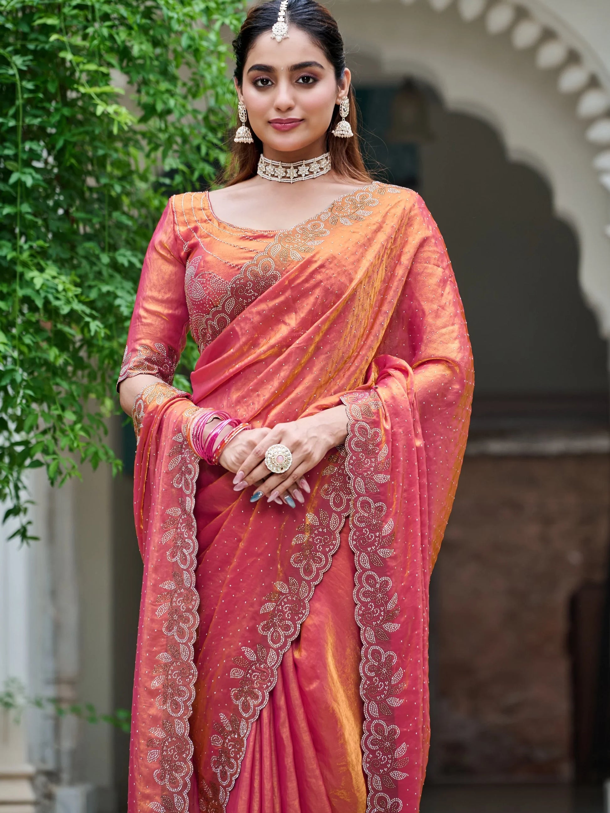 Magnetic Orange Diamond Work Silk Festive Wear Saree With Blouse - Zeel Clothing