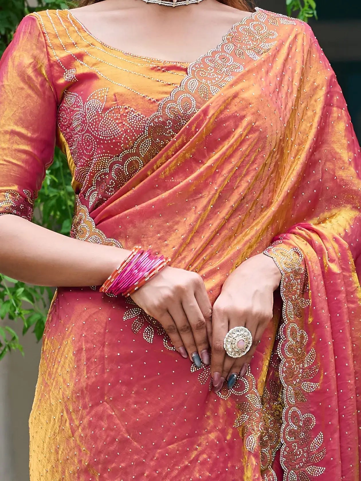 Magnetic Orange Diamond Work Silk Festive Wear Saree With Blouse - Zeel Clothing