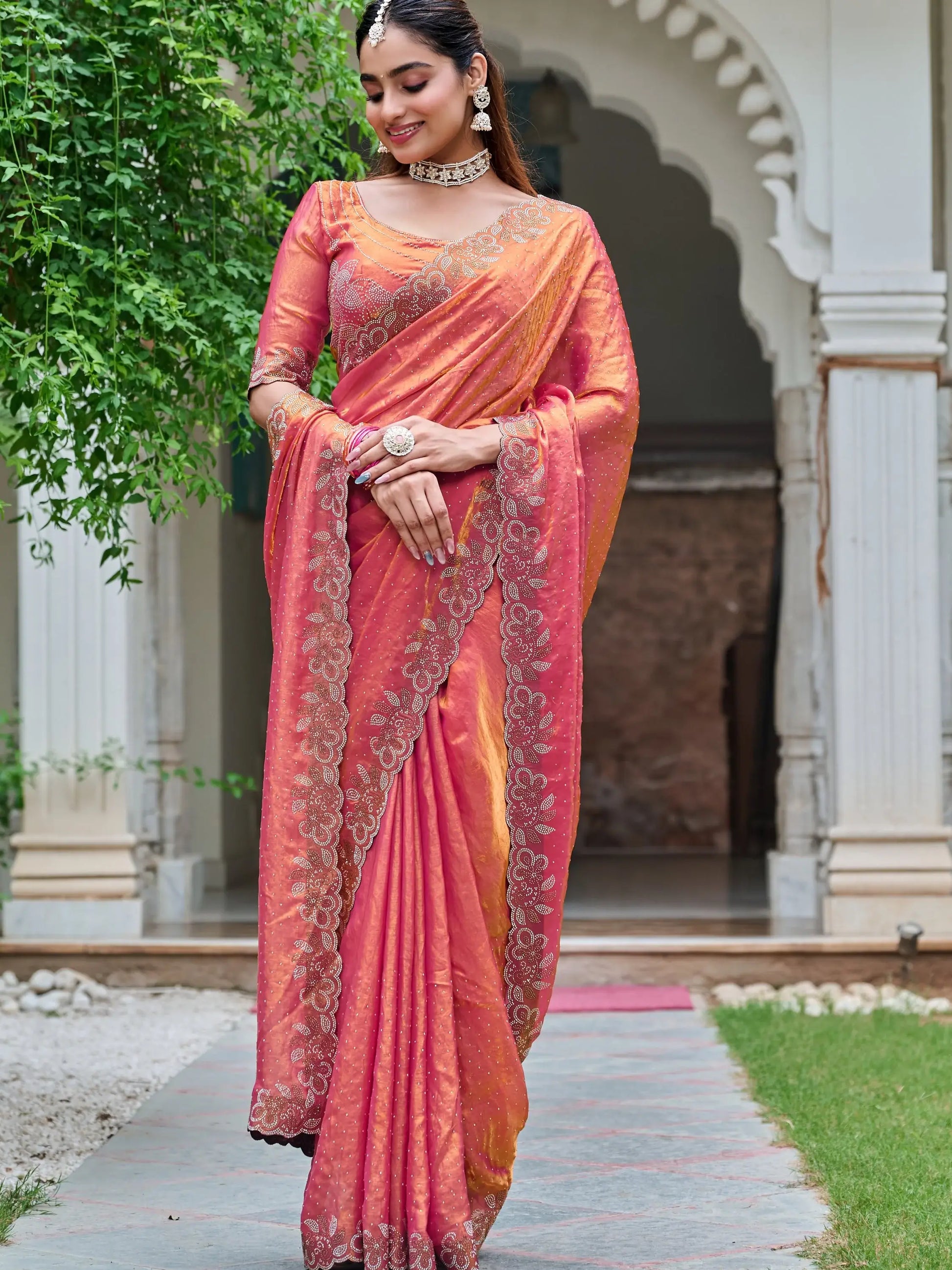 Magnetic Orange Diamond Work Silk Festive Wear Saree With Blouse - Zeel Clothing