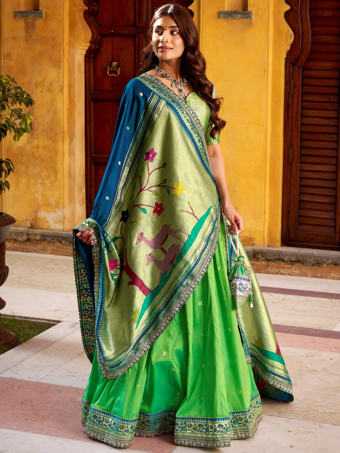 Magnetic Parrot Green Zari Work Silk Evening Wear Lehenga With Dupatta