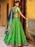 Magnetic Parrot Green Zari Work Silk Evening Wear Lehenga With Dupatta