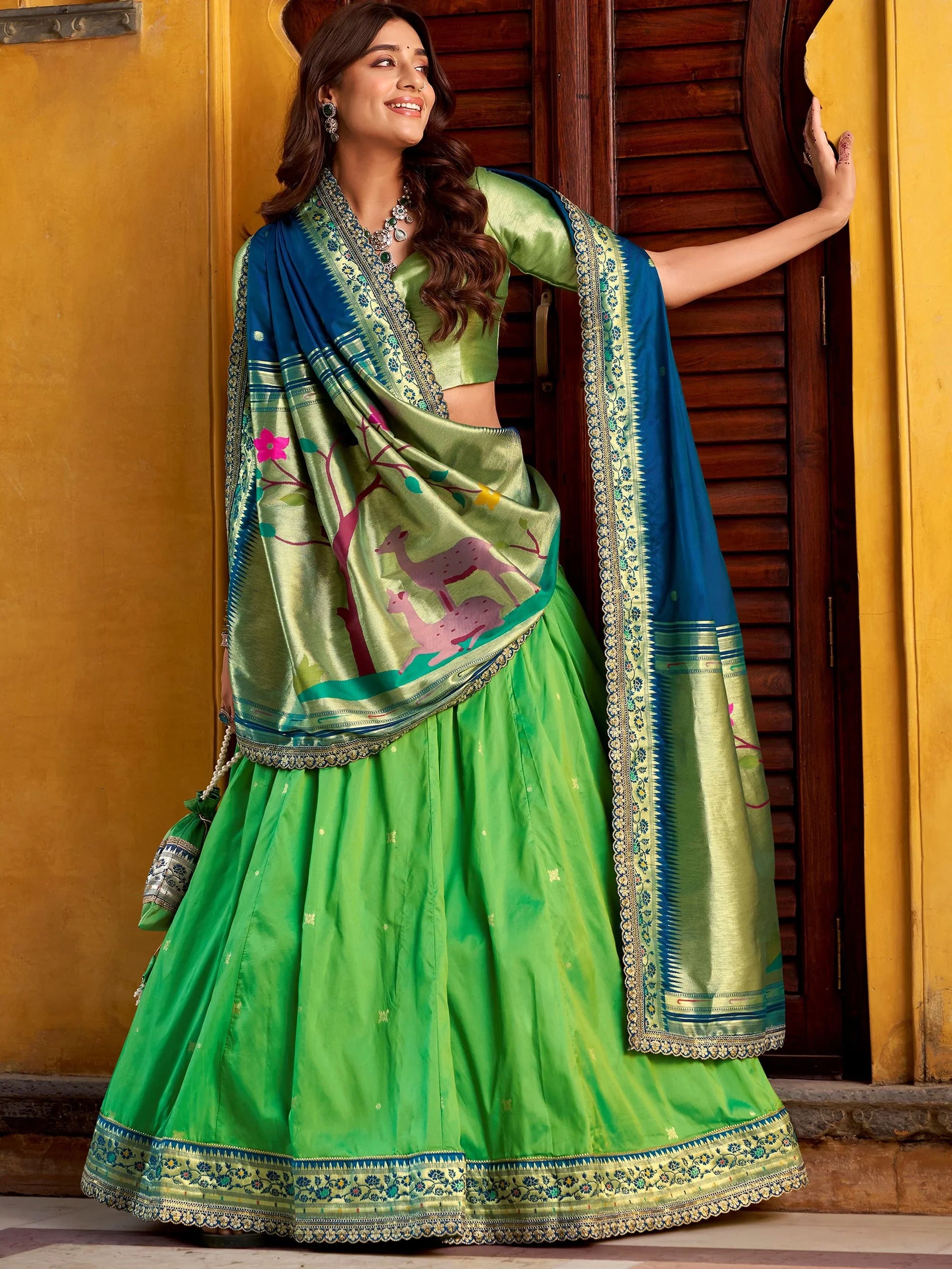 Magnetic Parrot Green Zari Work Silk Evening Wear Lehenga With Dupatta