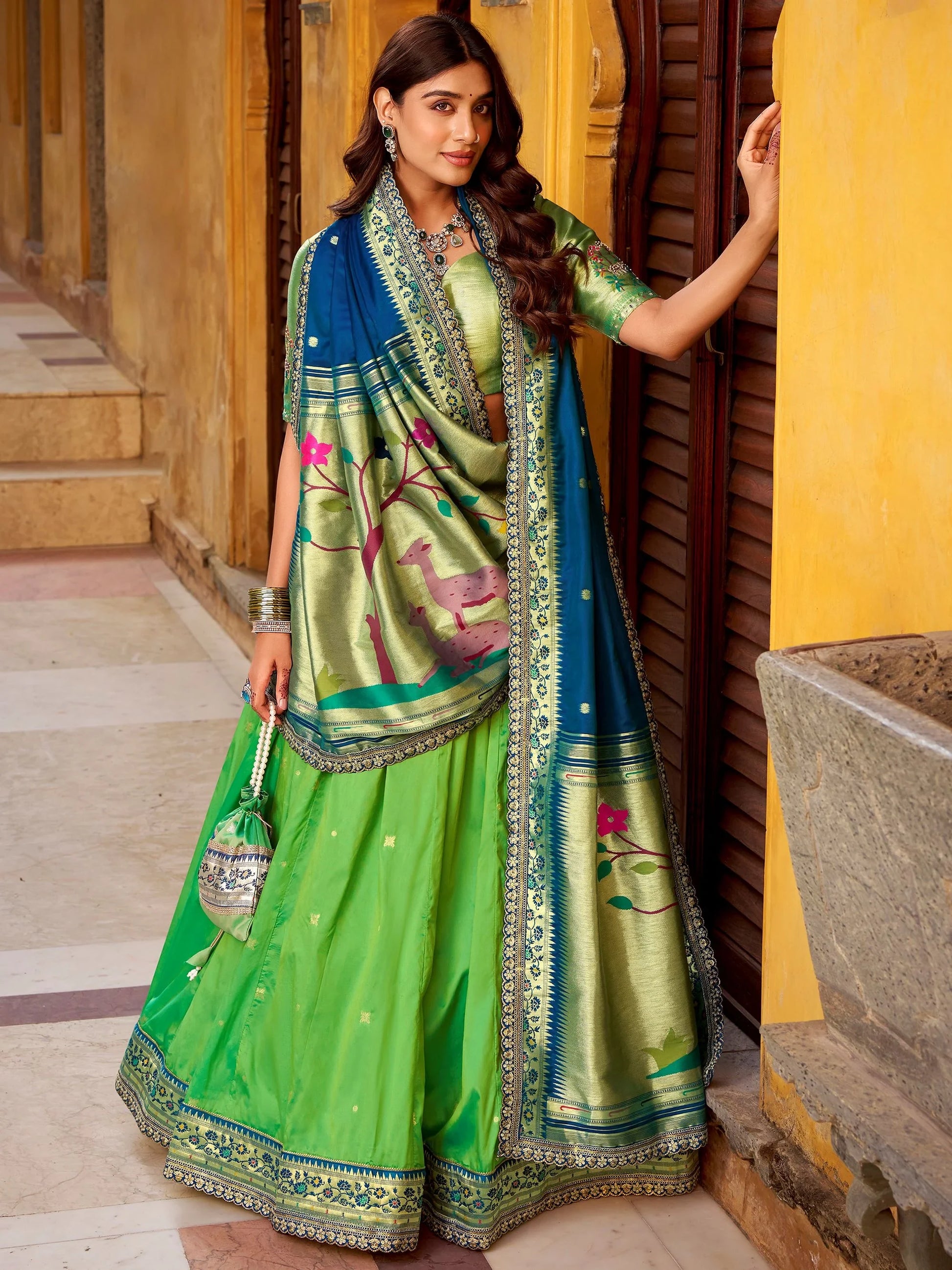 Magnetic Parrot Green Zari Work Silk Evening Wear Lehenga With Dupatta
