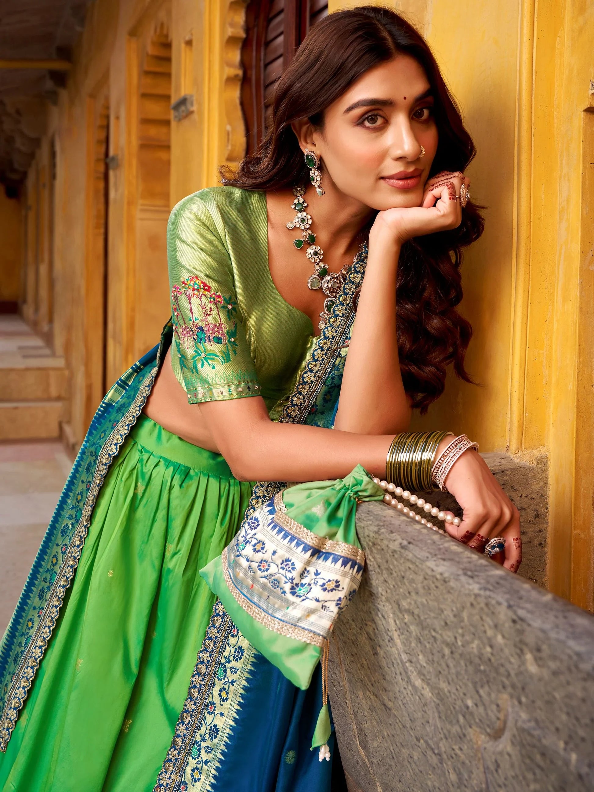Magnetic Parrot Green Zari Work Silk Evening Wear Lehenga With Dupatta