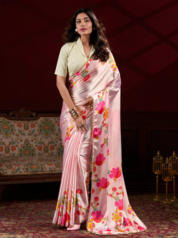 Magnetic Peach Floral Printed Satin Festive Wear Saree With Blouse - Zeel Clothing
