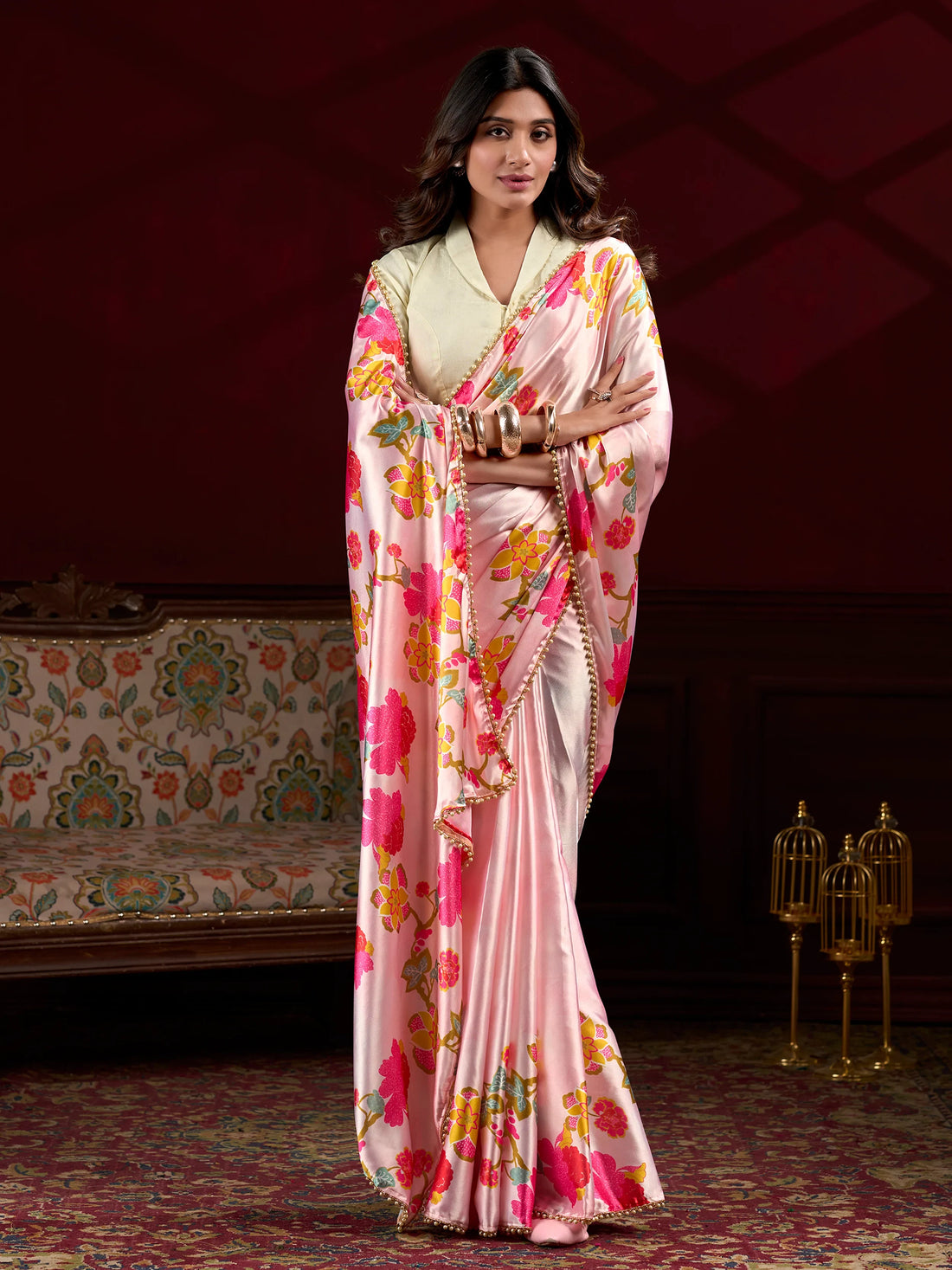 Magnetic Peach Floral Printed Satin Festive Wear Saree With Blouse - Zeel Clothing