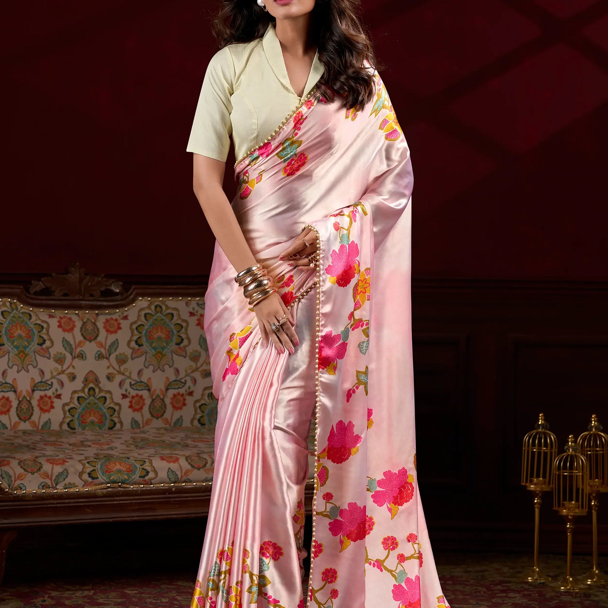Magnetic Peach Floral Printed Satin Festive Wear Saree With Blouse - Zeel Clothing
