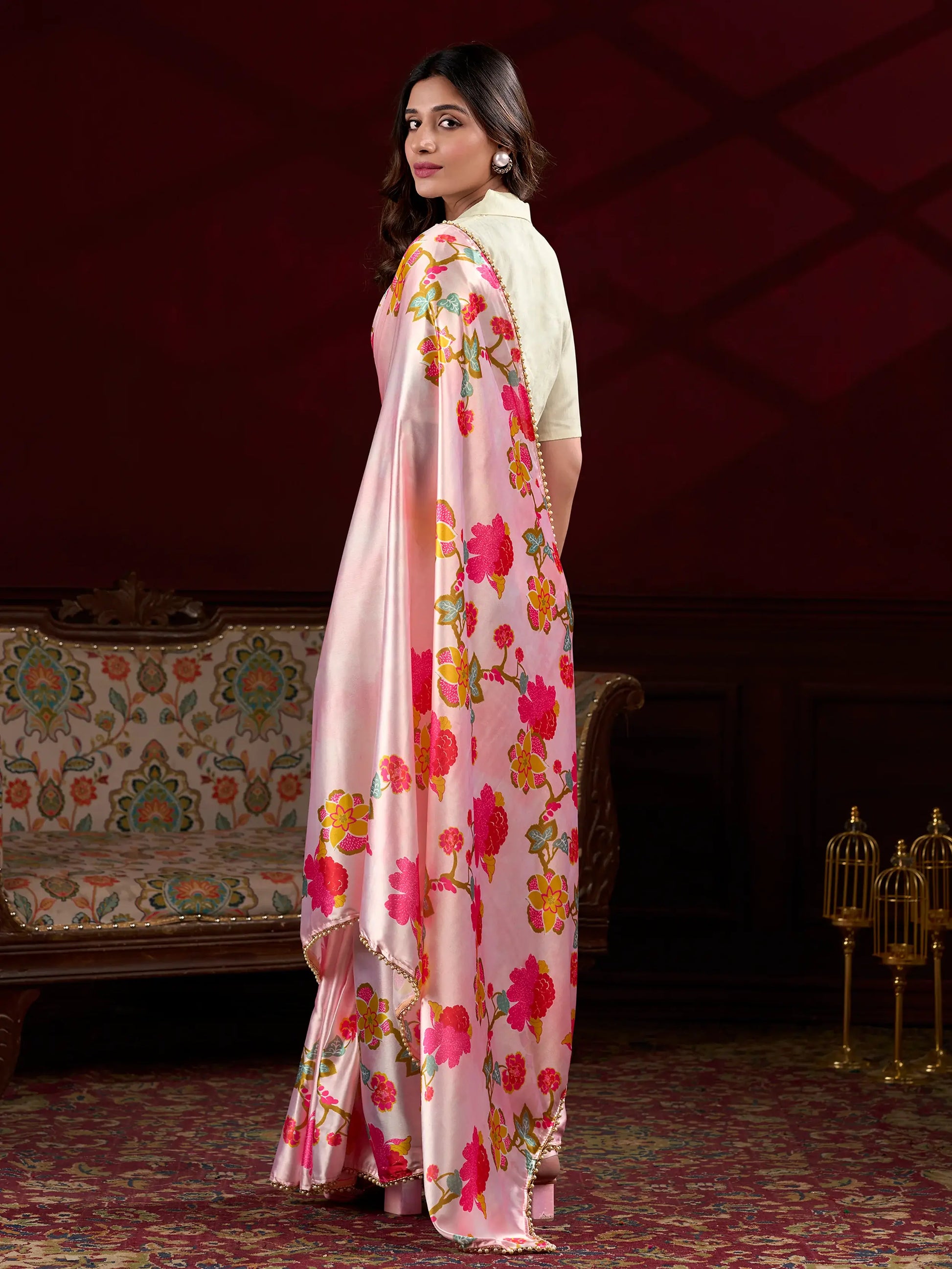 Magnetic Peach Floral Printed Satin Festive Wear Saree With Blouse - Zeel Clothing