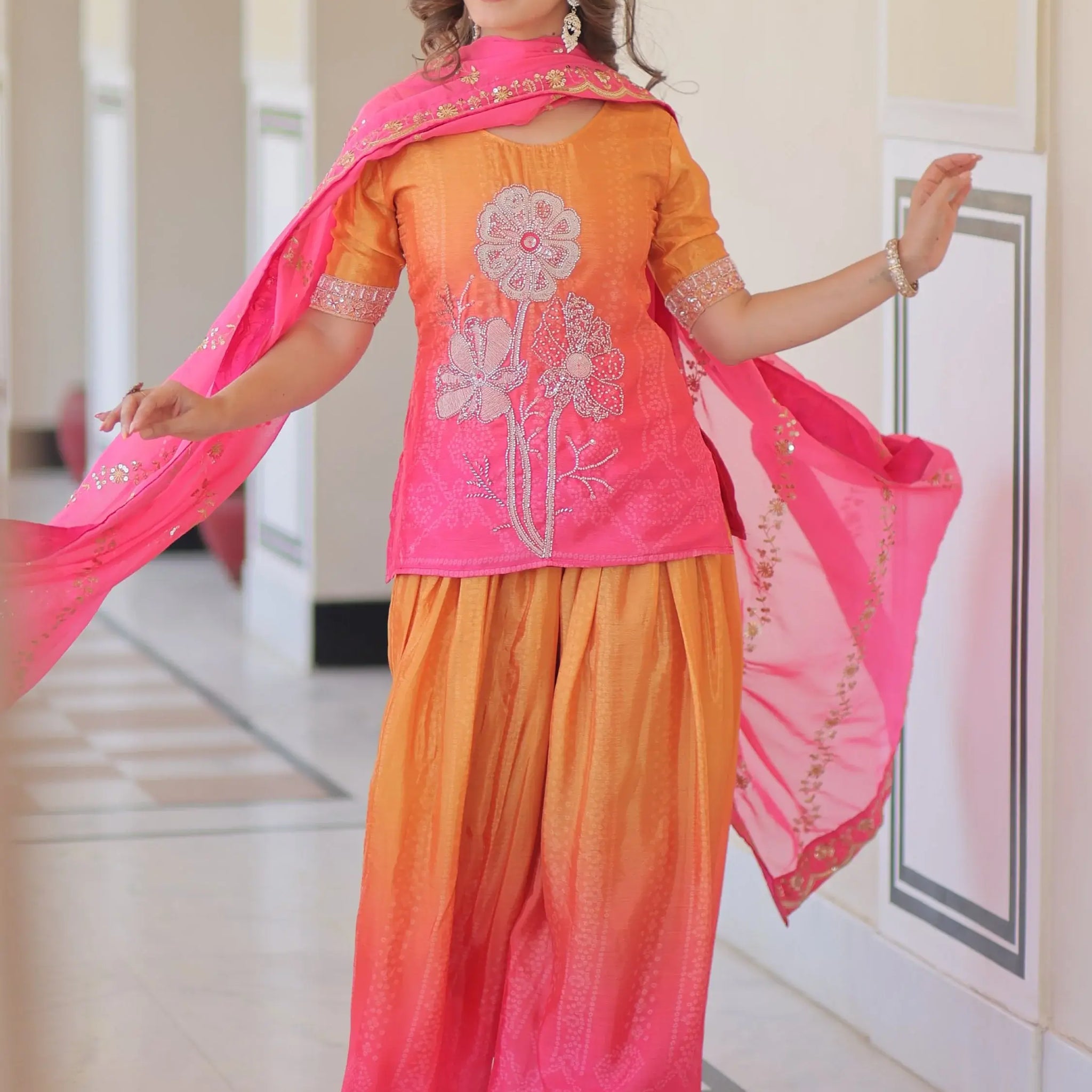 Magnetic Pink Bead Embroidered Chinon Event Wear Palazzo Suit With Dupatta - Zeel Clothing