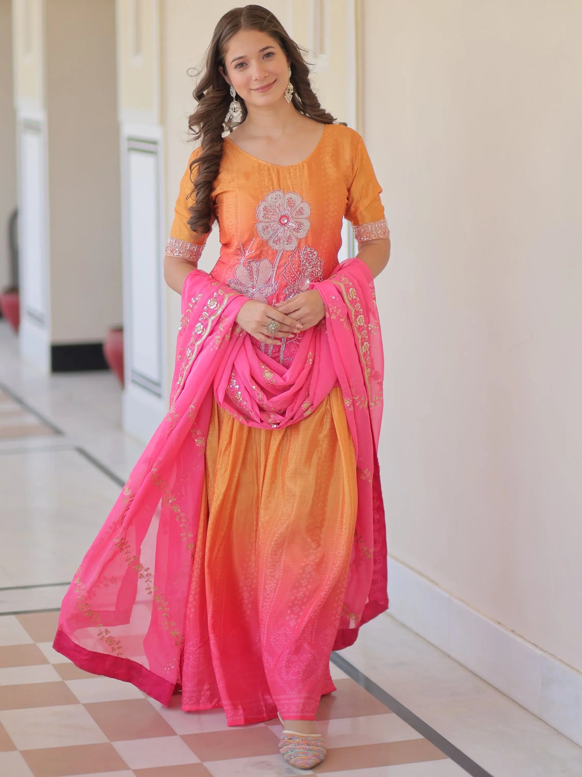 Magnetic Pink Bead Embroidered Chinon Event Wear Palazzo Suit With Dupatta - Zeel Clothing