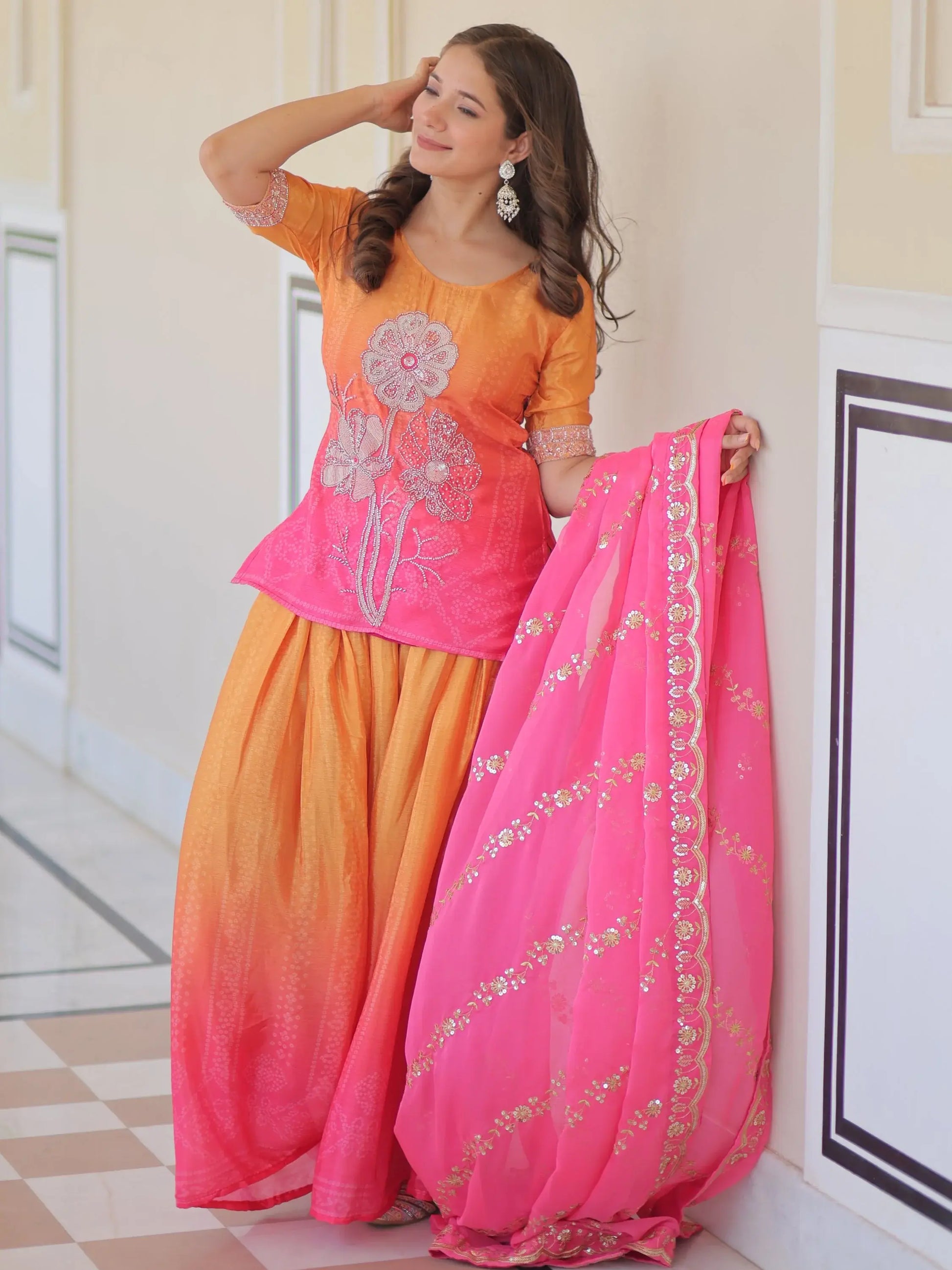Magnetic Pink Bead Embroidered Chinon Event Wear Palazzo Suit With Dupatta - Zeel Clothing