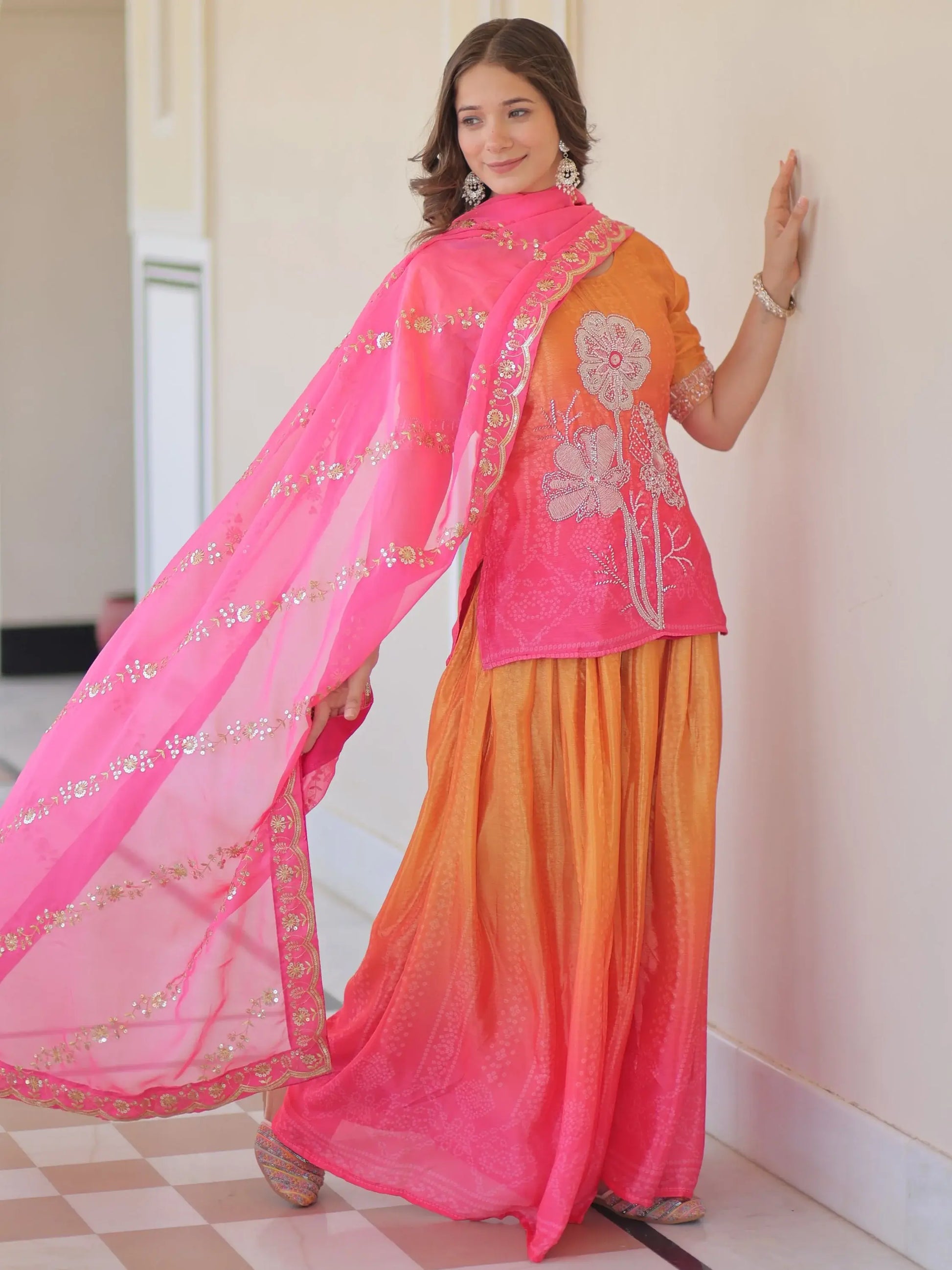 Magnetic Pink Bead Embroidered Chinon Event Wear Palazzo Suit With Dupatta - Zeel Clothing