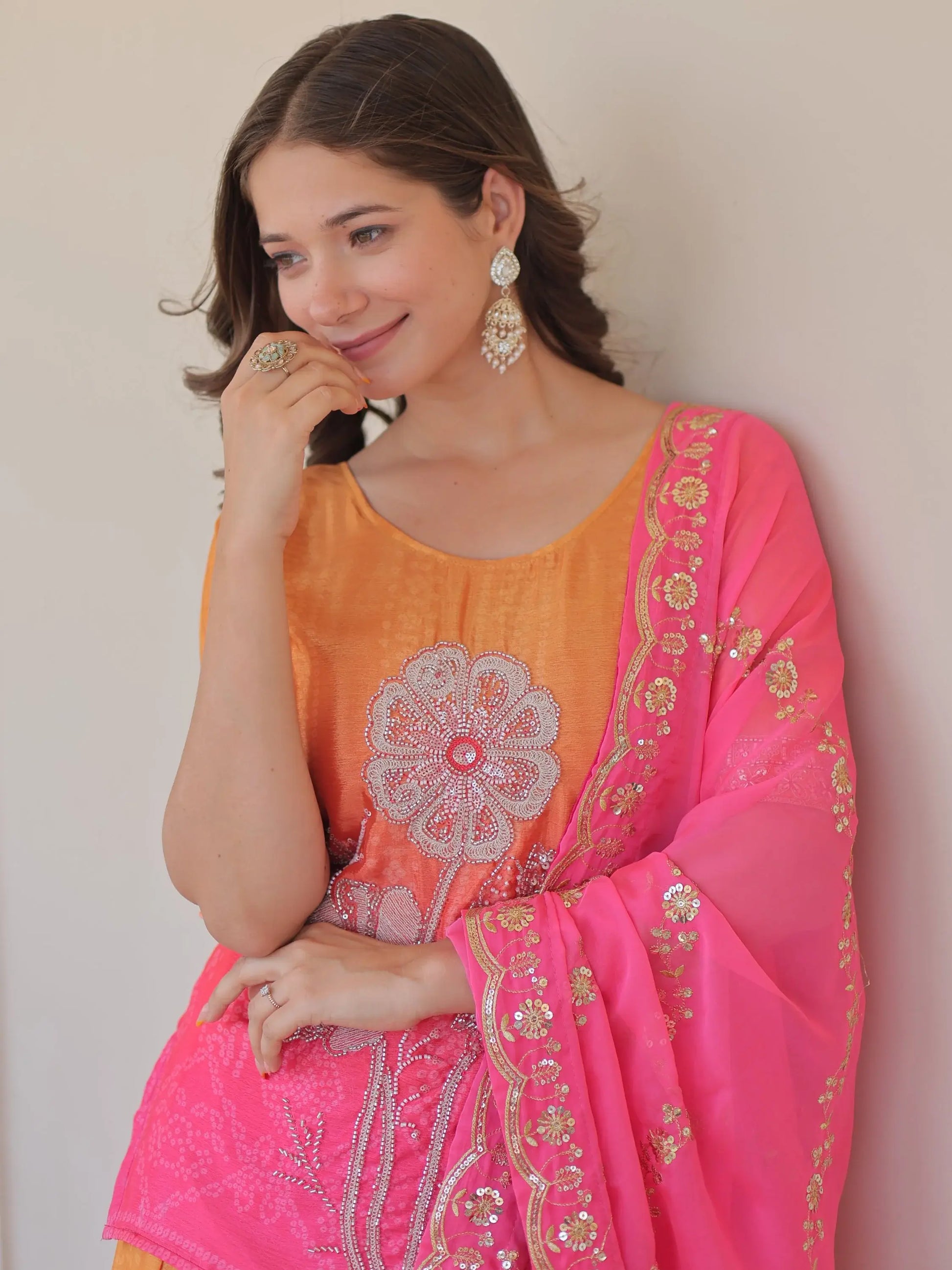 Magnetic Pink Bead Embroidered Chinon Event Wear Palazzo Suit With Dupatta - Zeel Clothing