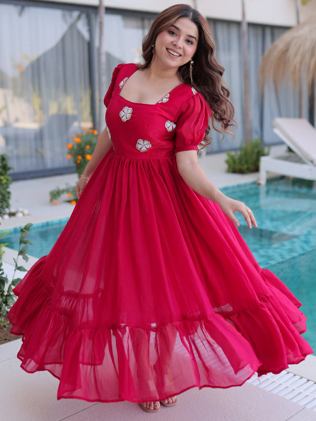 Magnetic Pink Beads Embroidered Work Silk Party Wear Gown