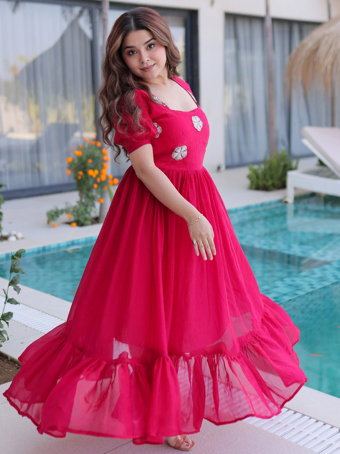 Magnetic Pink Beads Embroidered Work Silk Party Wear Gown