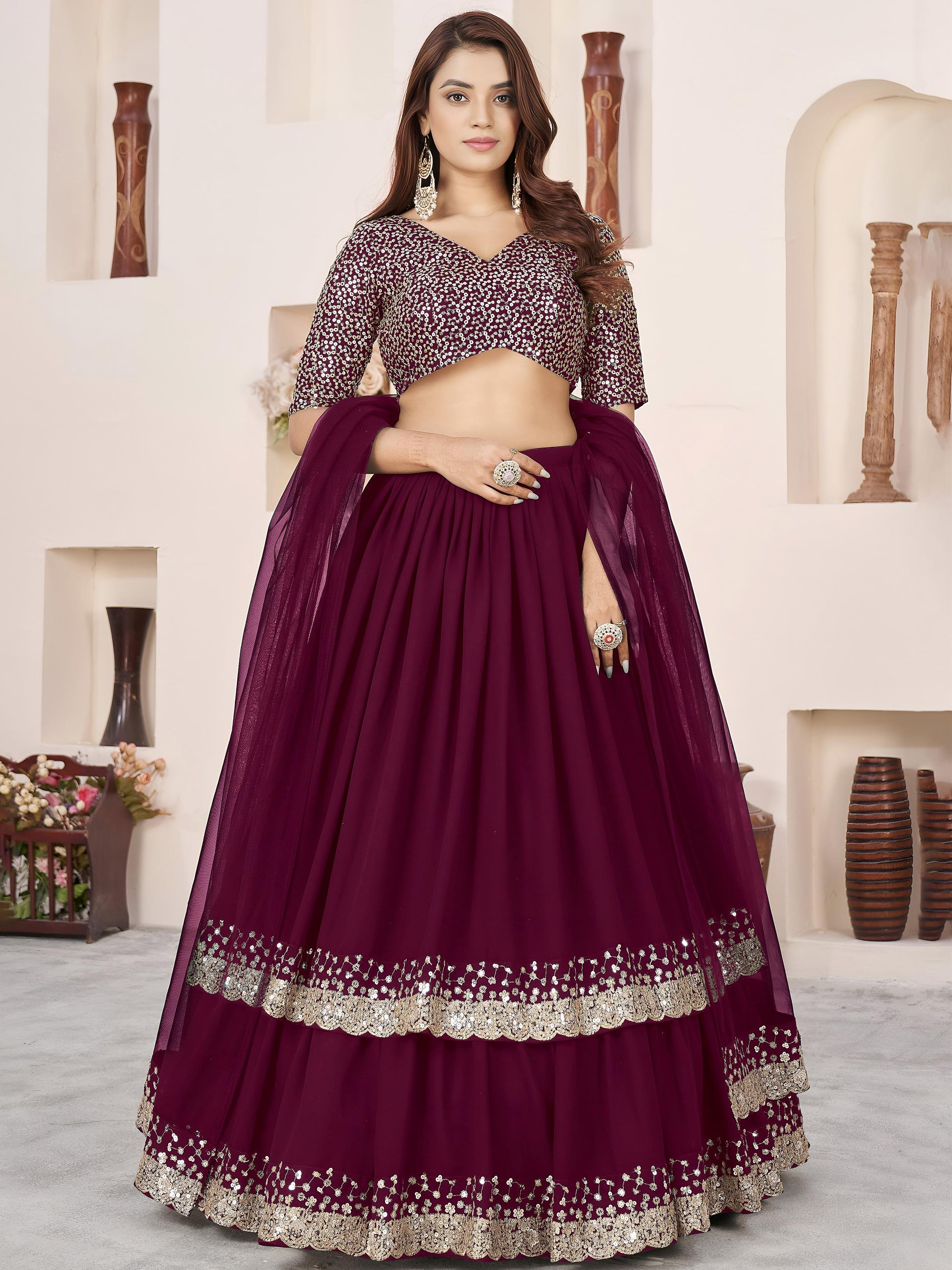 Magnetic Purple Embroidered Georgette Reception Lehenga With Dupatta