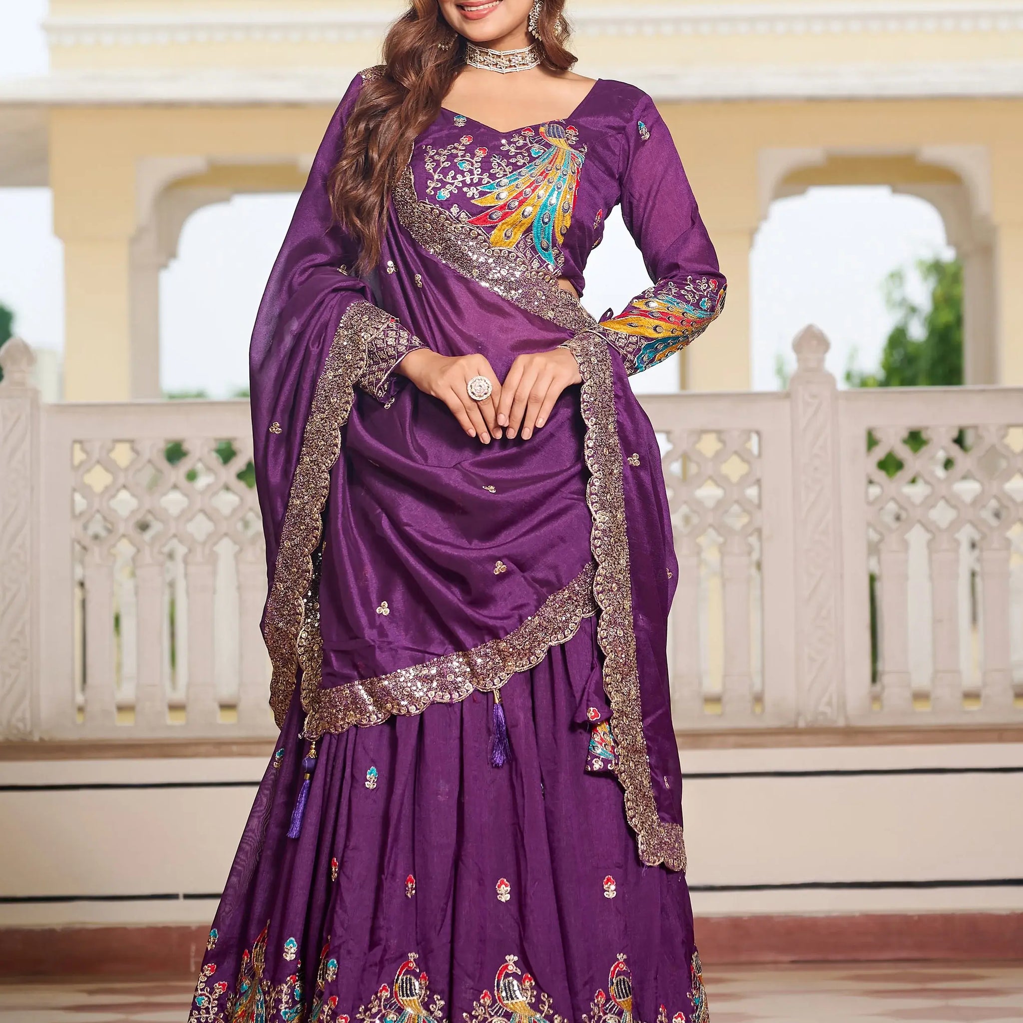 Magnetic Purple Embroidered Vichitra Silk Festive Wear Lehenga Choli With Dupatta - Zeel Clothing