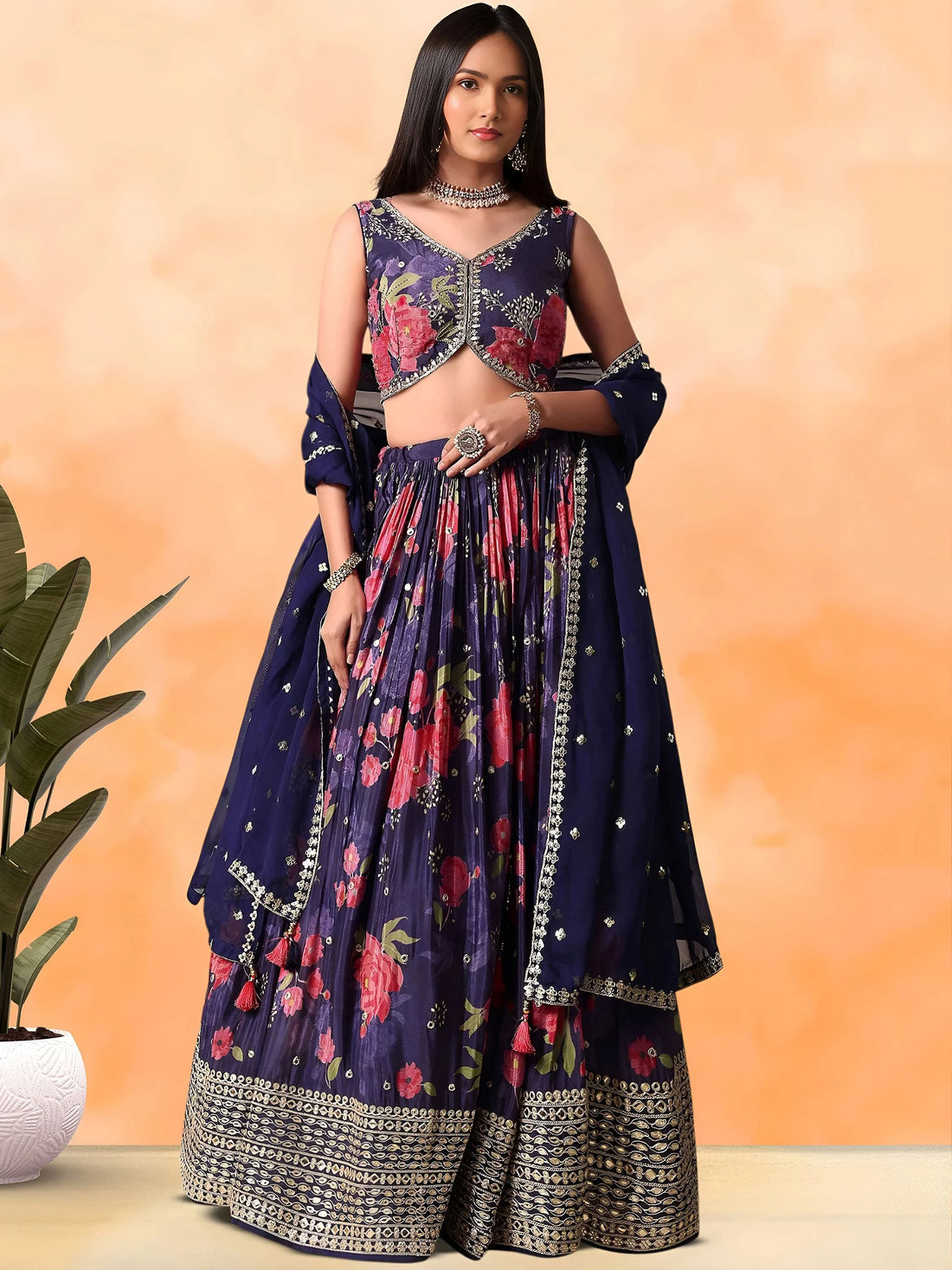 Magnetic Purple Floral Printed Chinon Wedding Wear Lehenga Choli