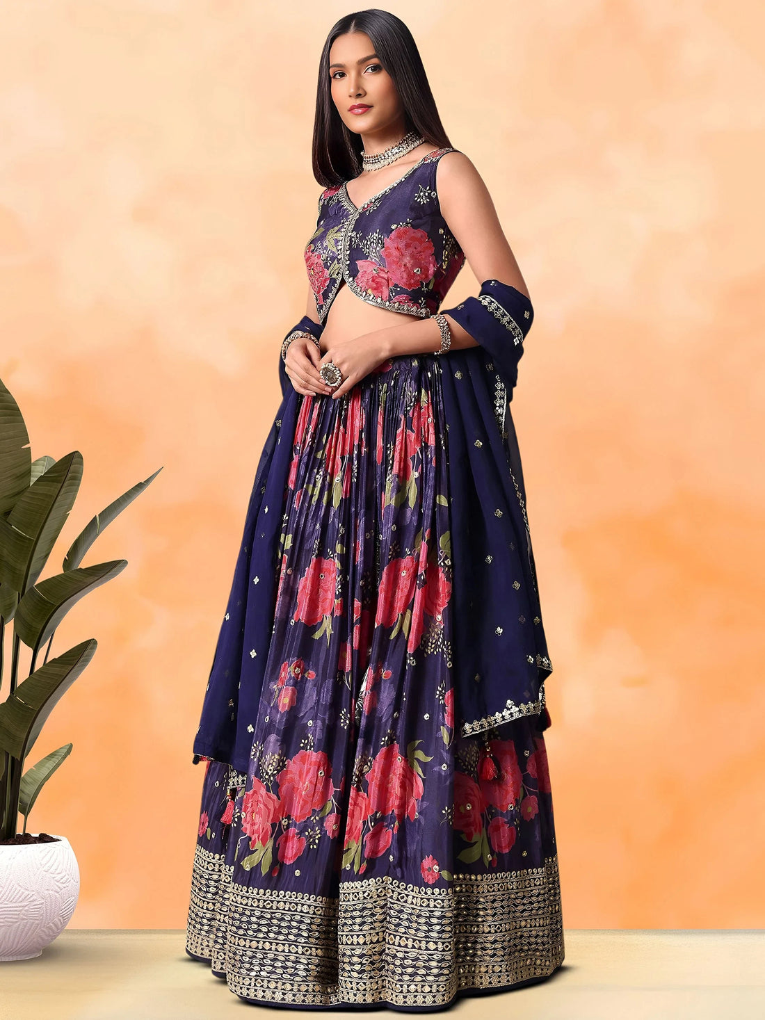 Magnetic Purple Floral Printed Chinon Wedding Wear Lehenga Choli