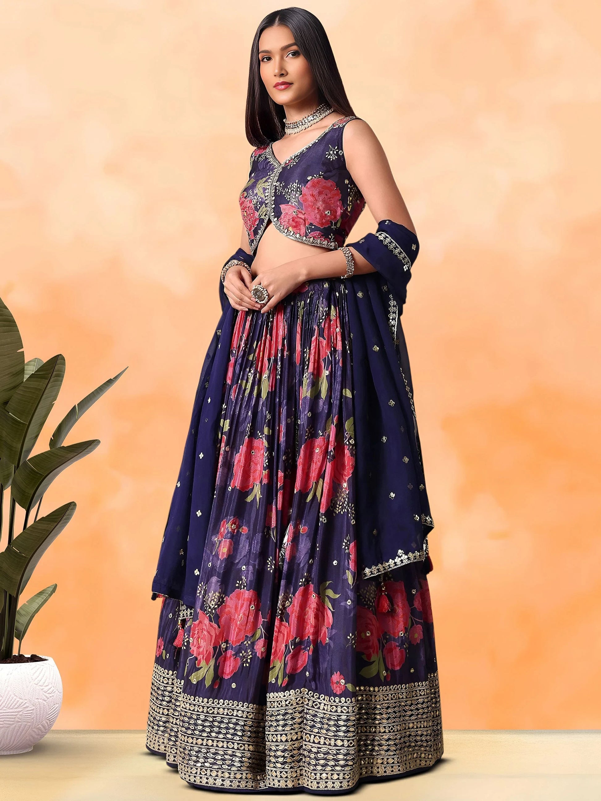 Magnetic Purple Floral Printed Chinon Wedding Wear Lehenga Choli