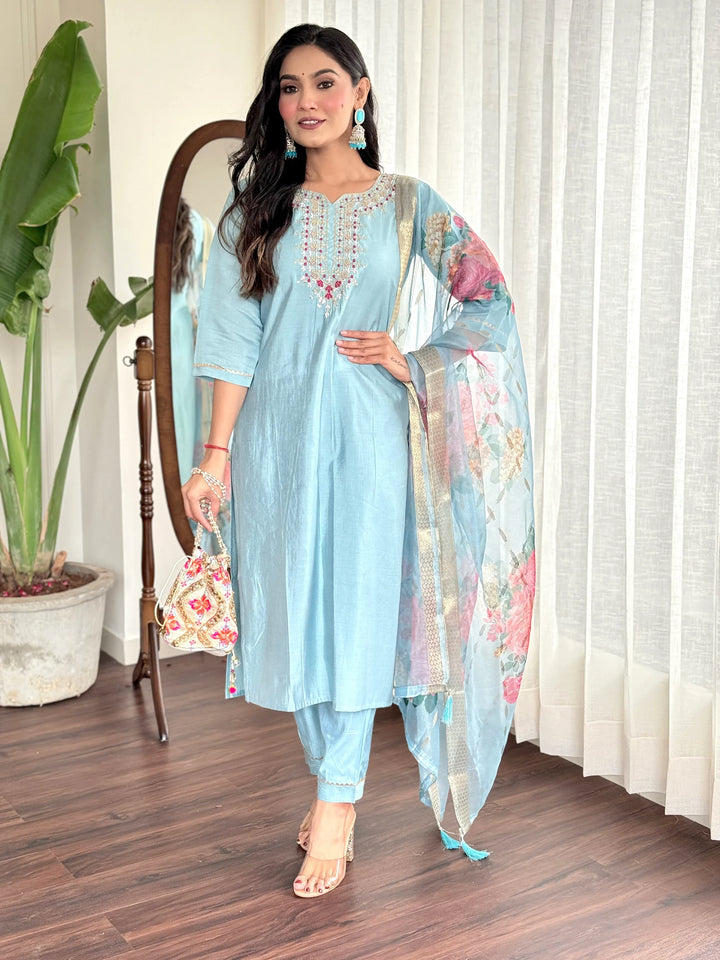 Magnetic Sky Blue Embroidered Chanderi Silk Festival Wear Pant Suit - Zeel Clothing