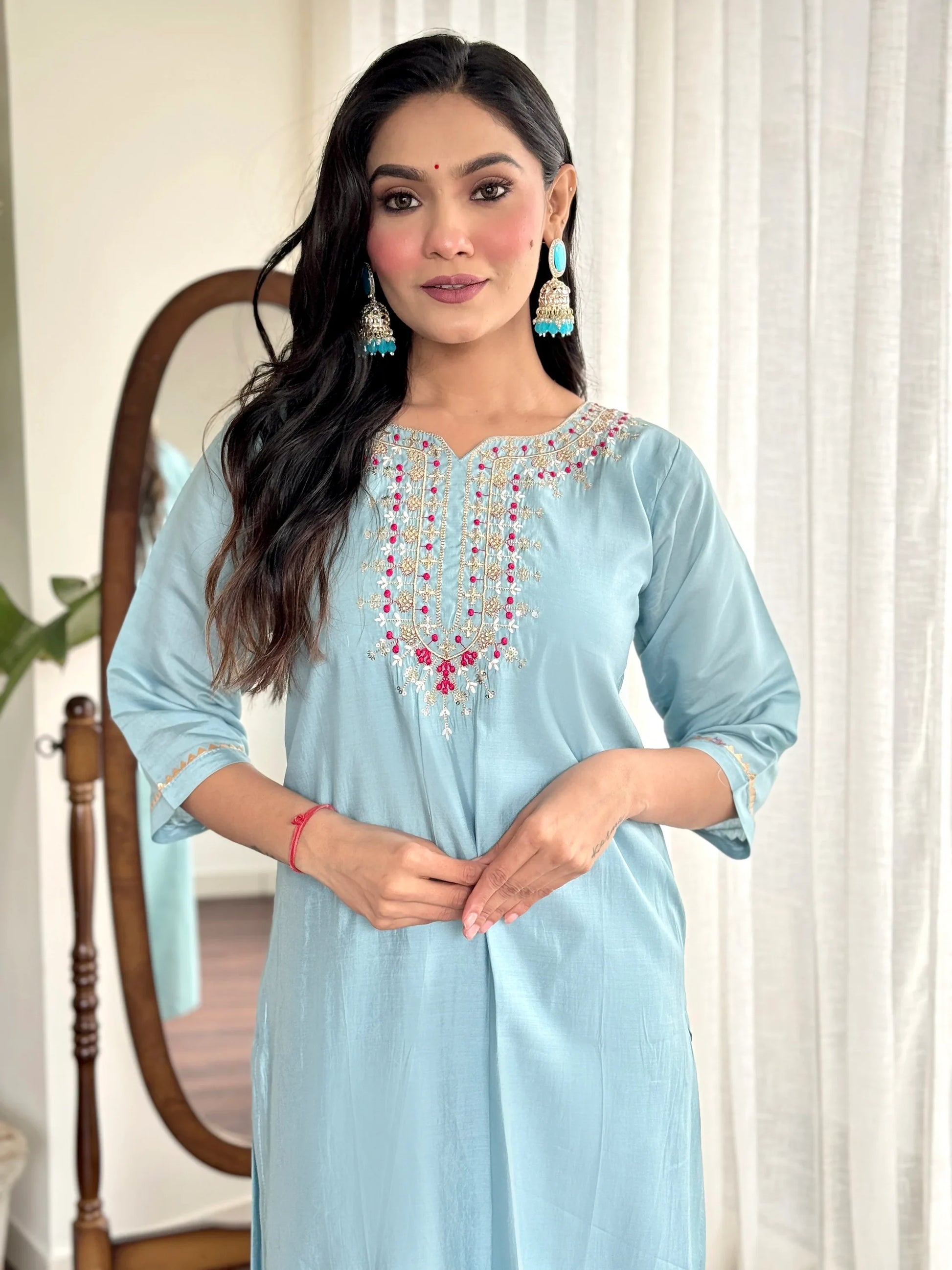 Magnetic Sky Blue Embroidered Chanderi Silk Festival Wear Pant Suit - Zeel Clothing