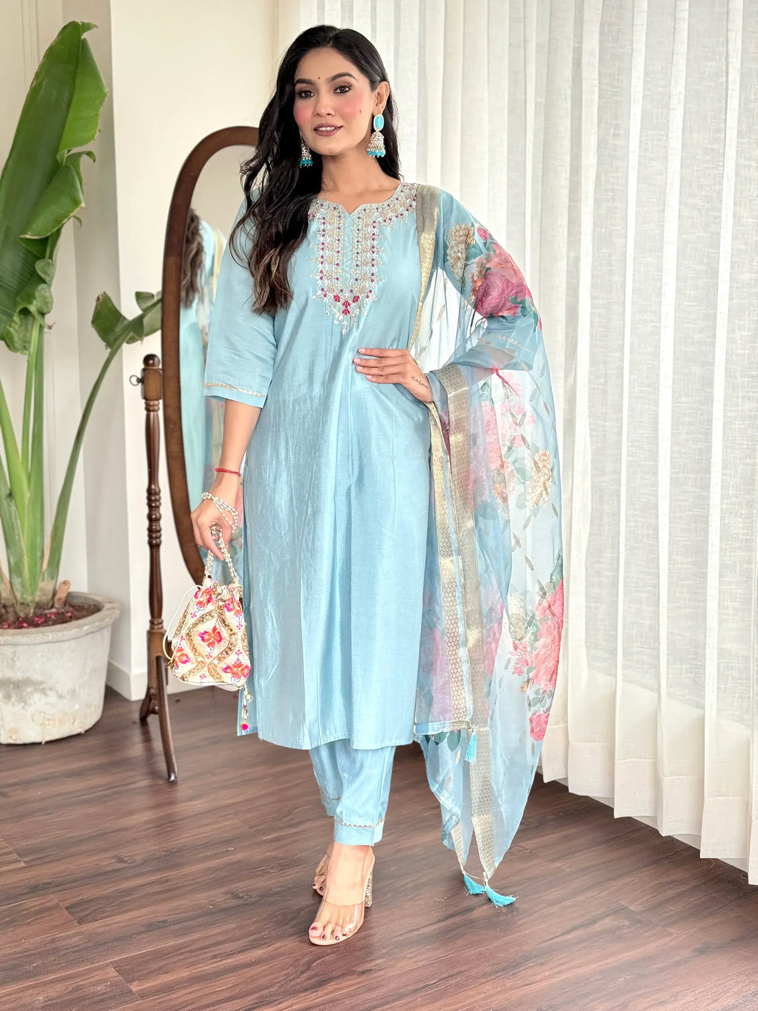 Magnetic Sky Blue Embroidered Chanderi Silk Festival Wear Pant Suit - Zeel Clothing