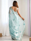 Magnetic Sky Blue Embroidered Organza Festival Wear Saree With Blouse - Zeel Clothing