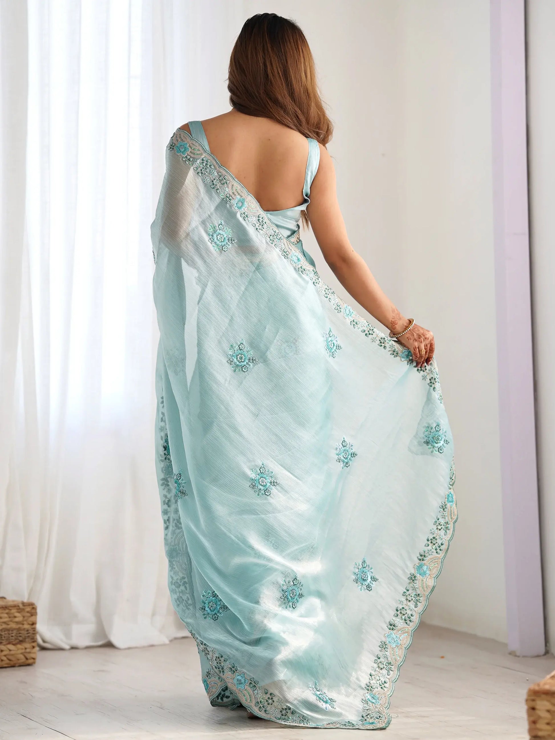 Magnetic Sky Blue Embroidered Organza Festival Wear Saree With Blouse - Zeel Clothing