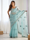 Magnetic Sky Blue Embroidered Organza Festival Wear Saree With Blouse - Zeel Clothing