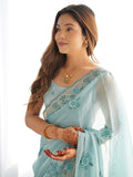 Magnetic Sky Blue Embroidered Organza Festival Wear Saree With Blouse - Zeel Clothing