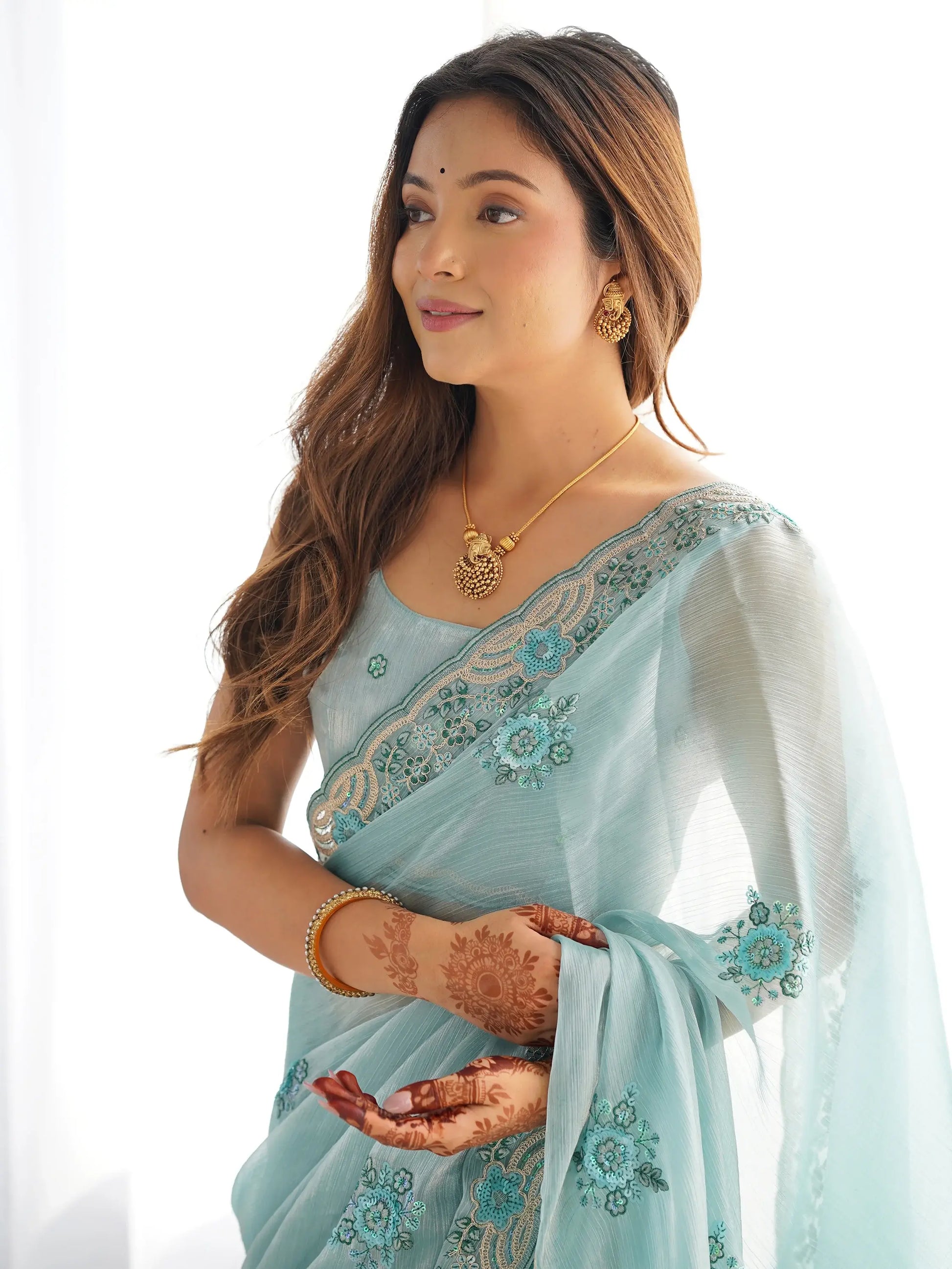 Magnetic Sky Blue Embroidered Organza Festival Wear Saree With Blouse - Zeel Clothing