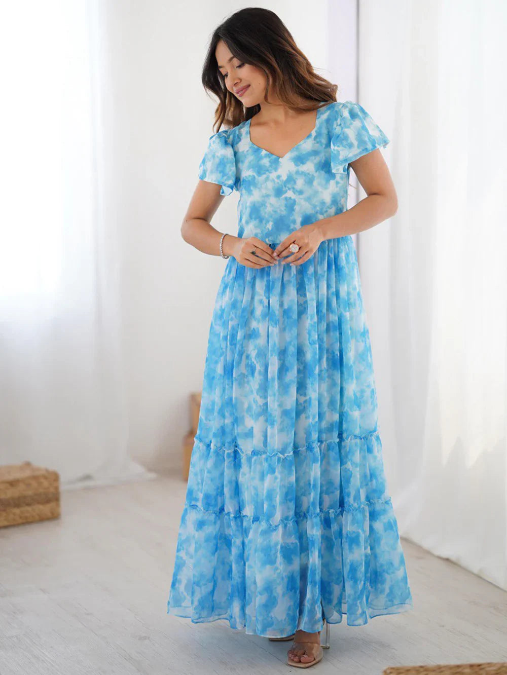 Magnetic Sky Blue Shibori Printed Georgette Event Wear Dress - Zeel Clothing