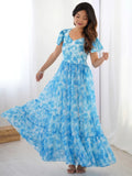 Magnetic Sky Blue Shibori Printed Georgette Event Wear Dress - Zeel Clothing