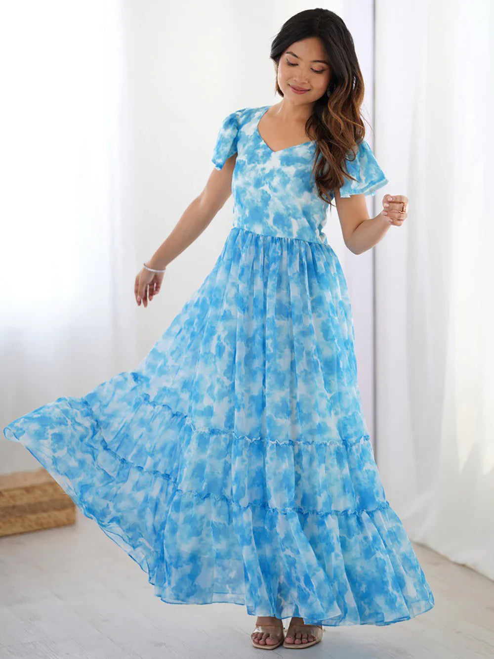 Magnetic Sky Blue Shibori Printed Georgette Event Wear Dress - Zeel Clothing