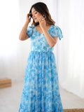 Magnetic Sky Blue Shibori Printed Georgette Event Wear Dress - Zeel Clothing