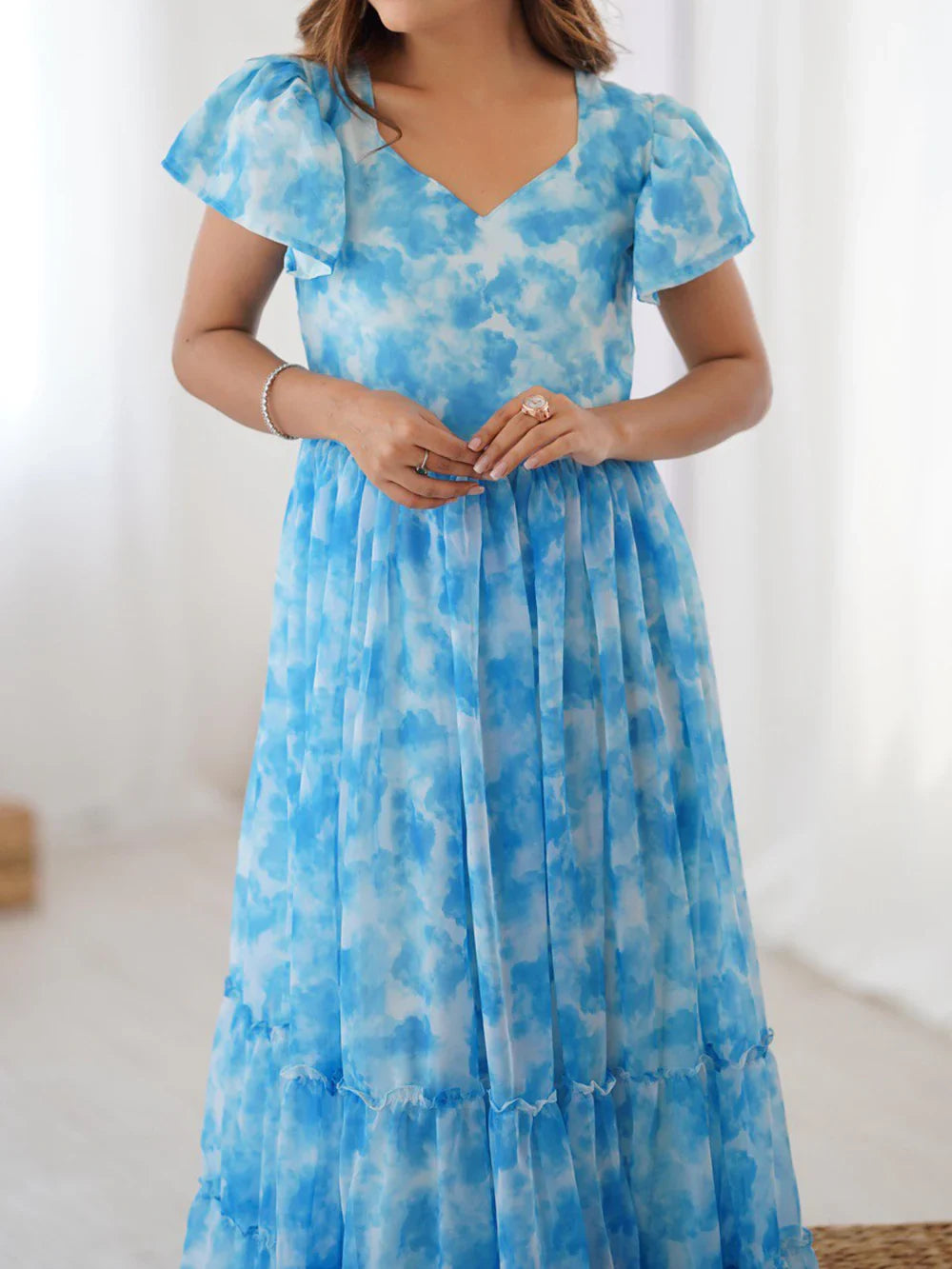 Magnetic Sky Blue Shibori Printed Georgette Event Wear Dress - Zeel Clothing