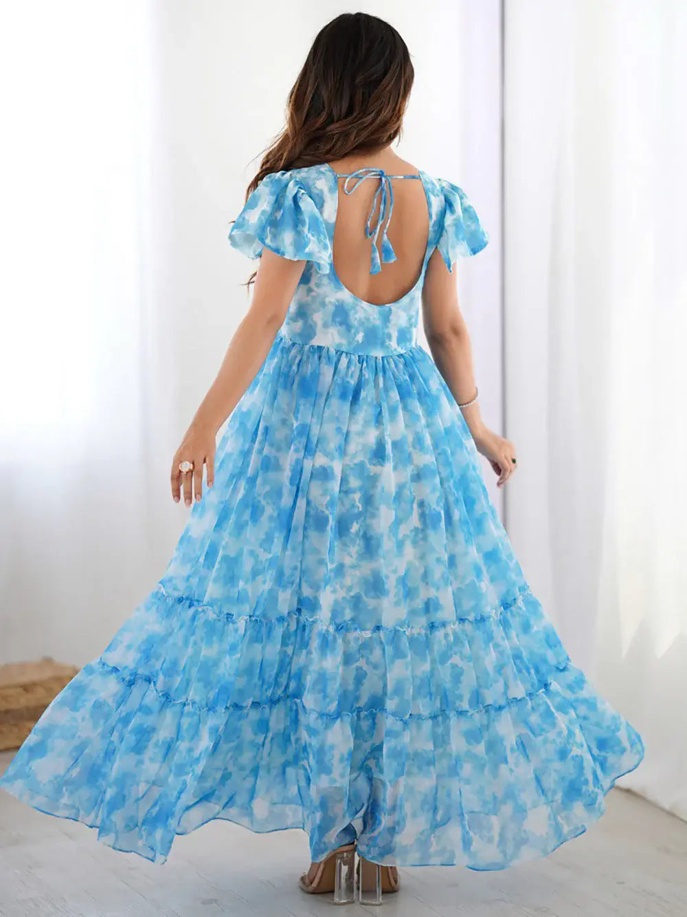 Magnetic Sky Blue Shibori Printed Georgette Event Wear Dress - Zeel Clothing