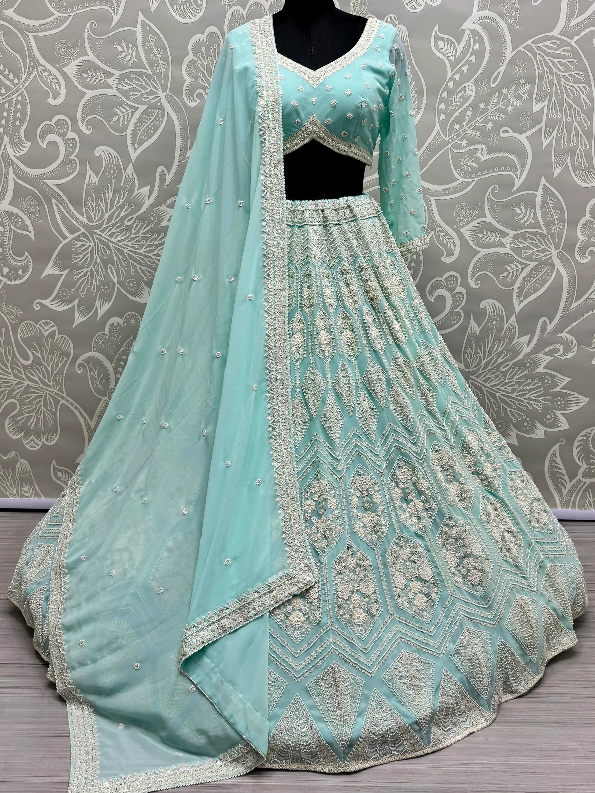 Magnetic Sky Blue Thread Work Georgette Bridesmaid Lehenga Choli - Zeel Clothing