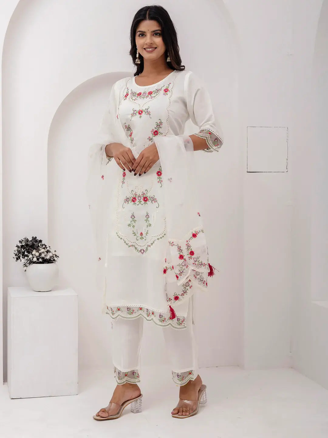 Magnetic White Floral Embroidered Viscose Silk Pant Suit With Dupatta - Zeel Clothing