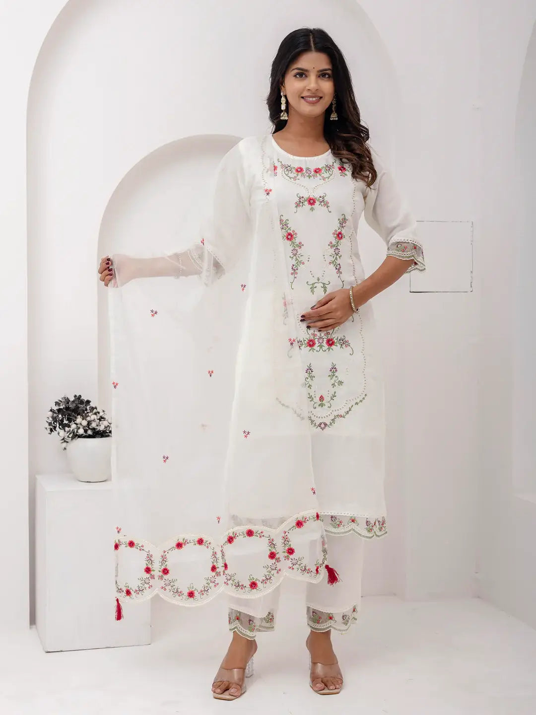 Magnetic White Floral Embroidered Viscose Silk Pant Suit With Dupatta - Zeel Clothing