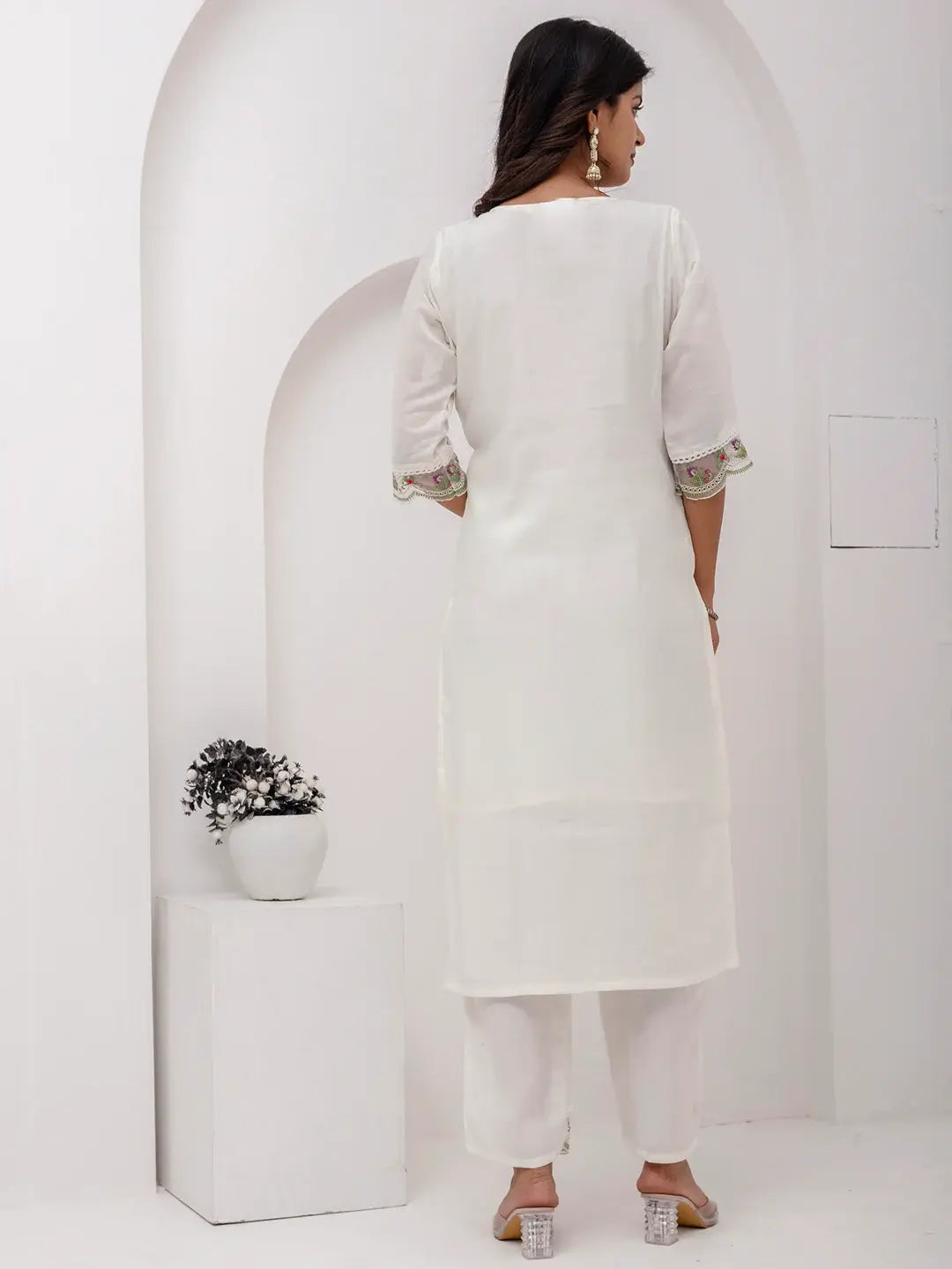 Magnetic White Floral Embroidered Viscose Silk Pant Suit With Dupatta - Zeel Clothing
