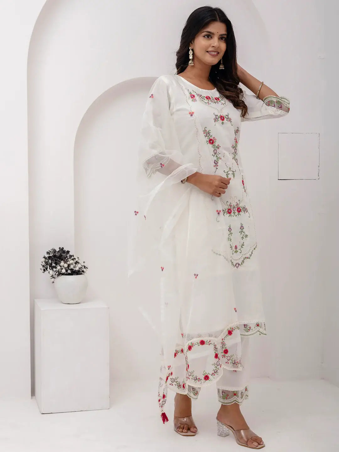 Magnetic White Floral Embroidered Viscose Silk Pant Suit With Dupatta - Zeel Clothing