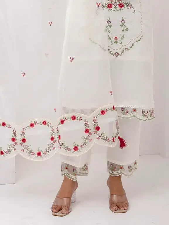 Magnetic White Floral Embroidered Viscose Silk Pant Suit With Dupatta - Zeel Clothing