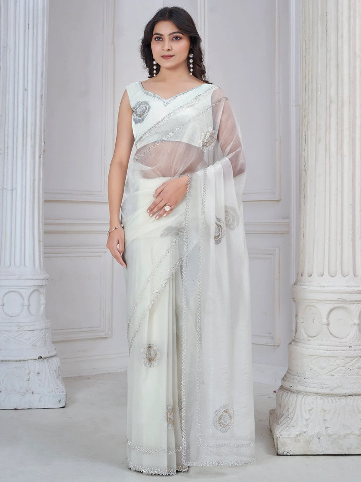 Magnetic White Jarkan Work Organza Event Wear Saree With Blouse - Zeel Clothing